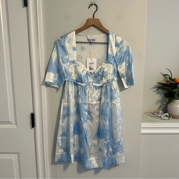 NWT GANNI Blue White Satin Powder Blue Mini Dress XS 32 - Picture 9 of 13
